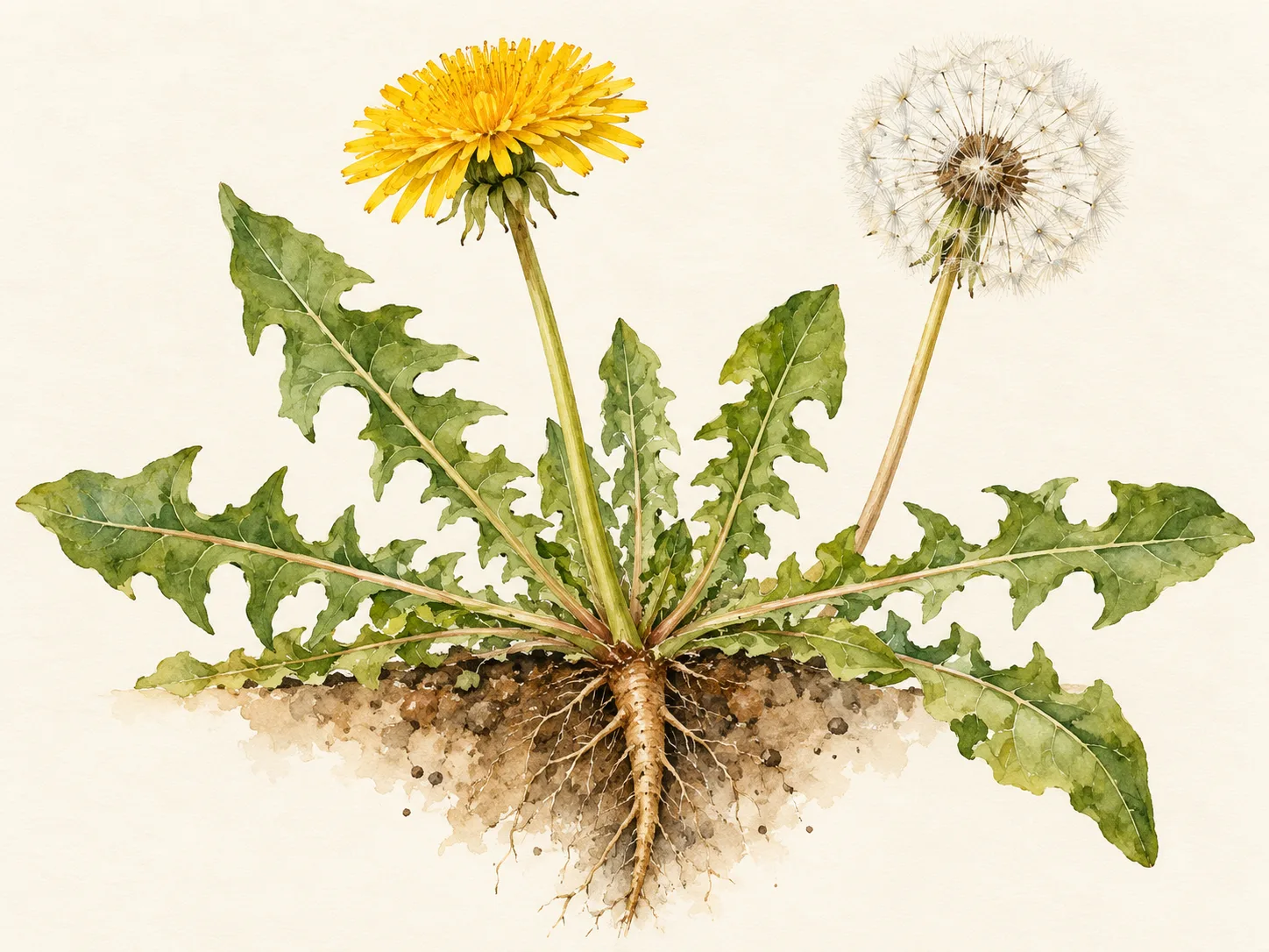 Rosette, racine pivotante, capitule jaune et aigrette