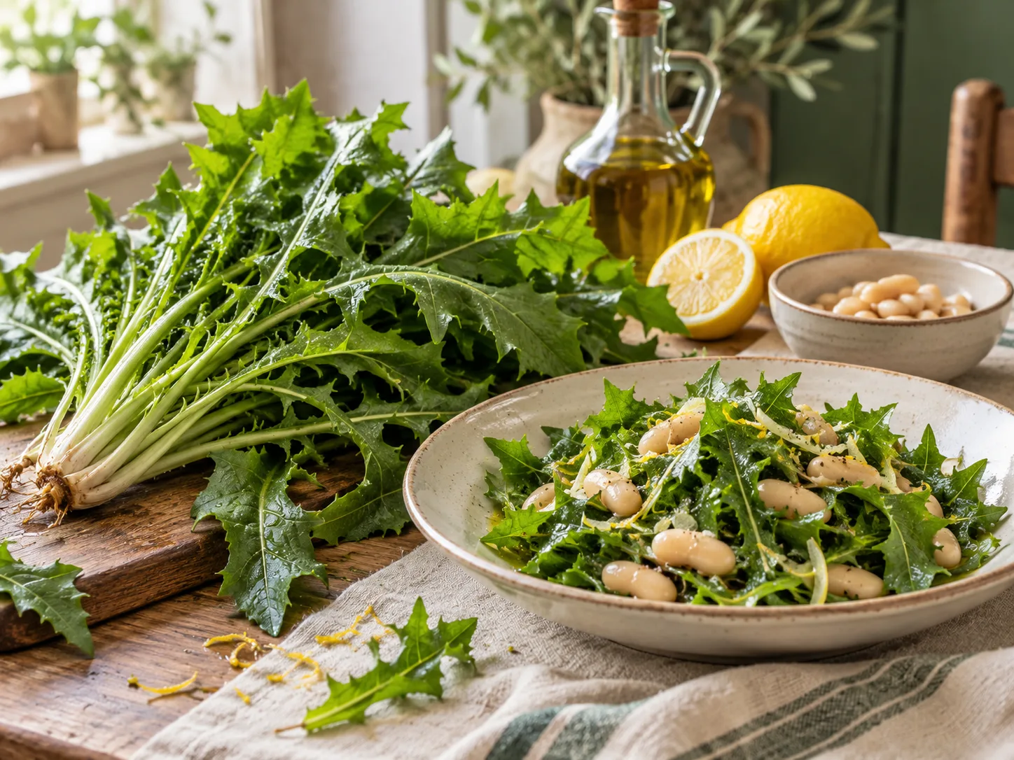 Feuilles fraîches près d’une salade au citron et légumineuses