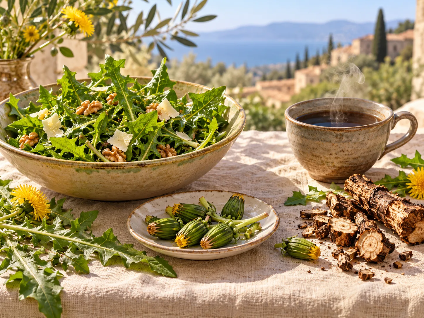 Salade aux noix, fromage, boutons, racines grillées et boisson