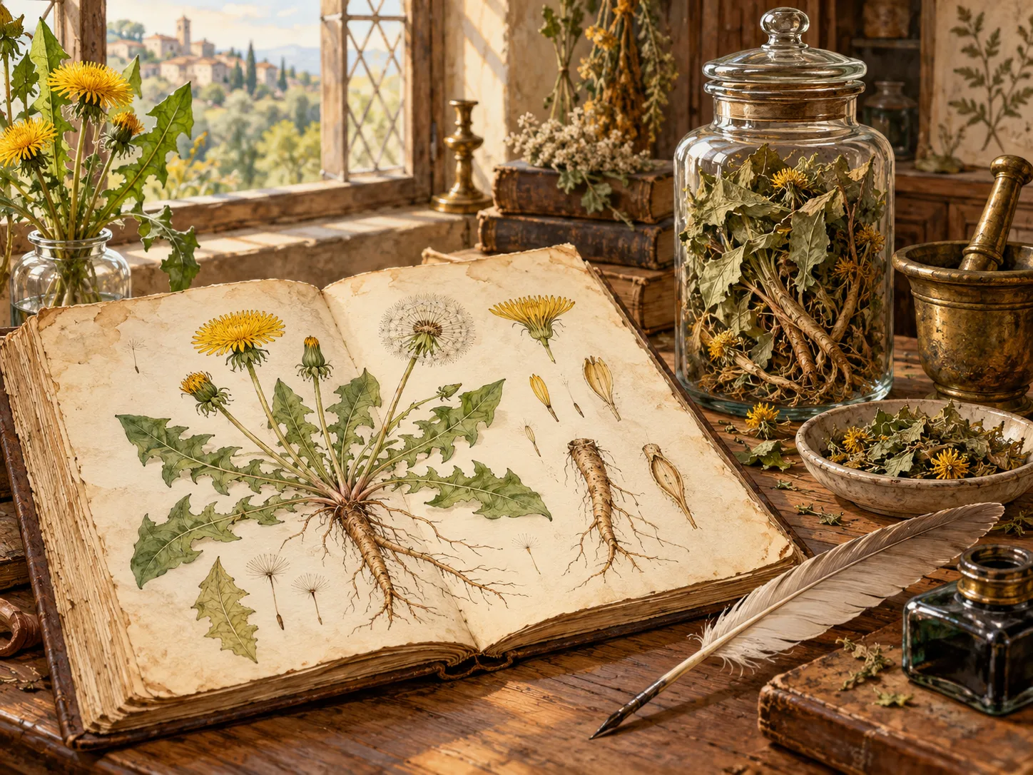 Herbier illustré et pots de plantes séchées